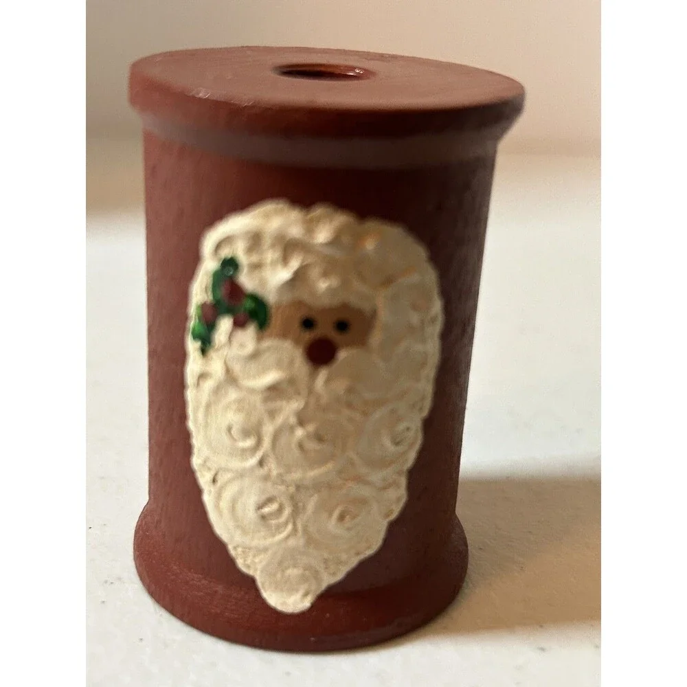Santa Claus Hand Painted Thread Spool Christmas Decoration Folk Rustic Vintage